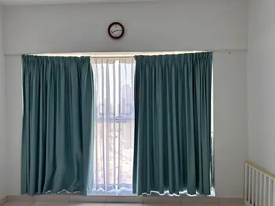 Sea Green Blackout Curtains with White Sheers 300 width 240cn height For two rooms