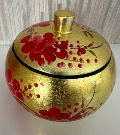 Small Hand-Painted Gold  Red Decorative Lidded Jar