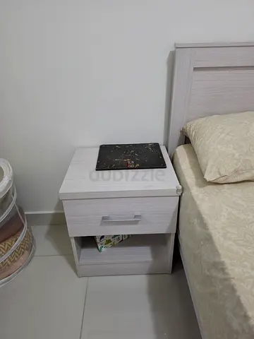 Bed, Light Wood Nightstand with Drawer and Open Shelf