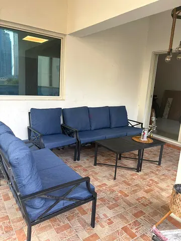 Outdoor Metal Frame Sofa Set with Blue Cushions - 3-Seater + 2-Seater  Coffee Table  1 single seat