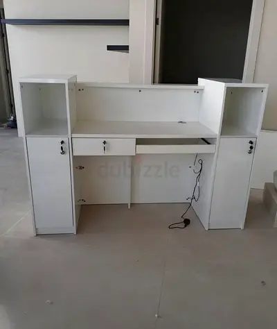 White Home Office Desk with Overhead Storage and Cabinets
