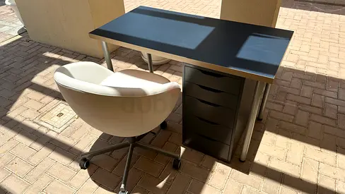 Modern Black Study Desk with Drawer Unit and White Swivel Chair