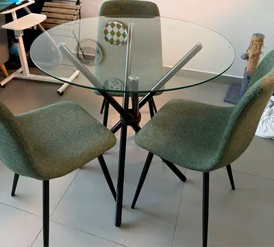 Round Dining Table with 3 Green Fabric Chairs - Compact Set