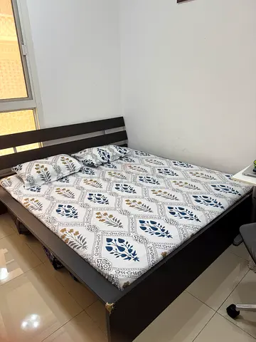 Queen bed frame with mattress - dark wood, good condition