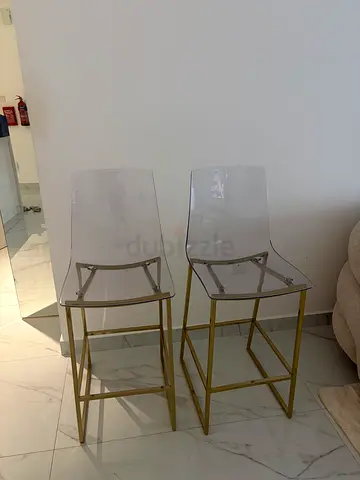 Pair of Clear Acrylic Bar Stools with Gold Frame