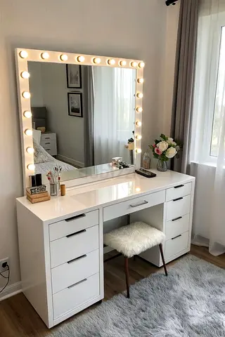 White Hollywood Vanity Dressing Table with Lighted Mirror and Stool