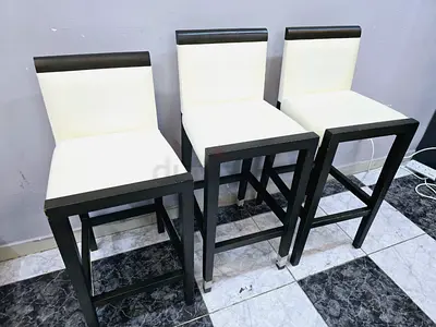 Set of 3 Modern Bar Stools with Backrest - Black Frame, White Upholstery