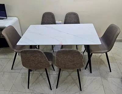 6-Seater Marble Top Dining Table with Upholstered Chairs