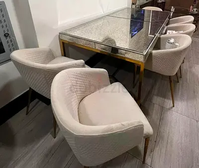 Set of 6 Modern Upholstered Dining Chairs in Cream with Gold Legs
