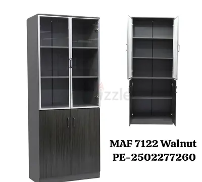 Tall Walnut Office Storage Cabinet with Glass Doors - 4 Shelves