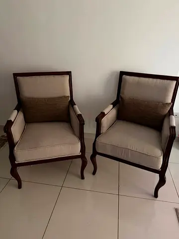 Pair of Classic Wooden Armchairs with Beige Upholstery