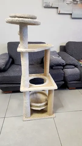 Used beige multi-level cat tree with hammock and perches