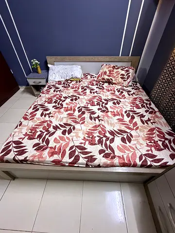Queen Bed with Headboard and Mattress - Light Wood, Good Condition