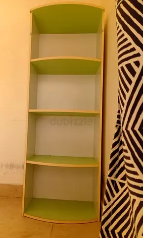 Slim 4-Shelf Corner Bookcase — Light Wood with Green Shelves