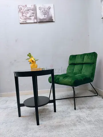Green Velvet Accent Chair with Black Side Table - Good Condition
