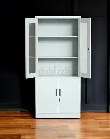 White Metal Storage Cabinet with Glass Upper Doors and Lockable Lower Cupboard