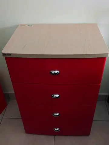 Red 4-Drawer with Light Wood Top — Good Condition