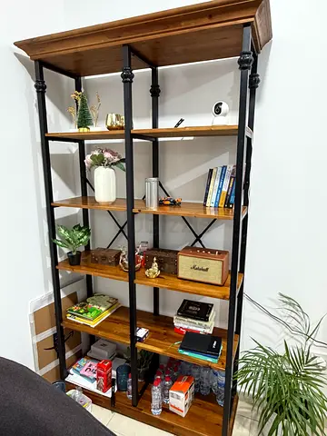 Solid Wood and Metal Open Shelving Unit - 5-Tier Bookcase