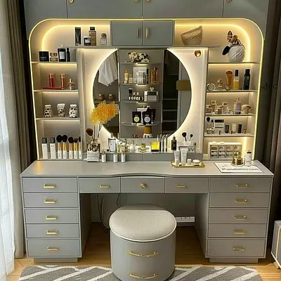 Large Grey Vanity Dressing Table with Mirror and Stool