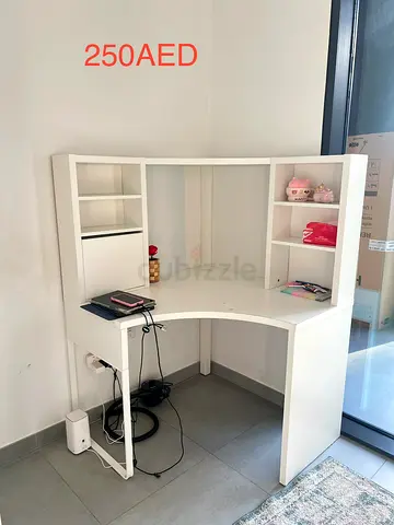 White corner study desk with shelves - good condition