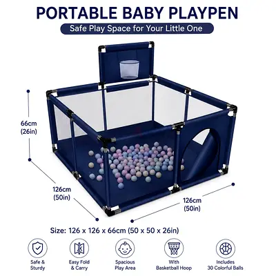 Baby Playpen with Ball Pit and Side Tunnel - Navy