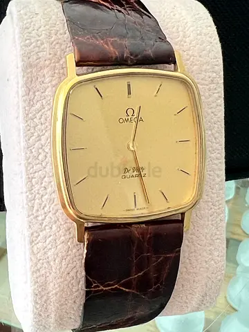 Vintage Omega De Ville Mens Gold-Tone Square Quartz Watch with Leather Strap