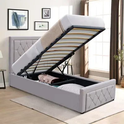 Modern Light Gray Fabric Ottoman Storage Bed Frame