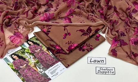 Unstitched Lawn Suit Set with Chiffon Dupatta -