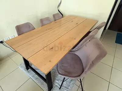 Solid Wood Dining Table with 6 Upholstered Chairs - Light Oak