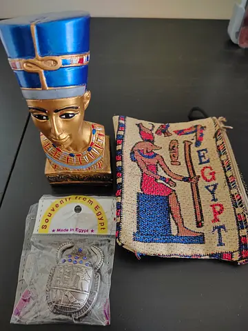 Small Egyptian-themed Collectible Set: Nefertiti Bust, Tapestry Pouch  Scarab Souvenirs