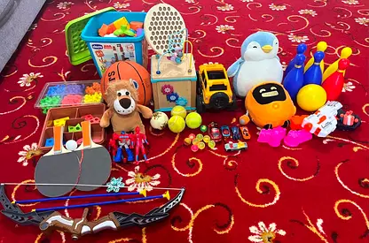 Mixed kids toy bundle — action figures, vehicles, plush, games
