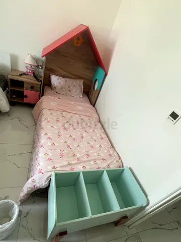 Single Kids Bed with Built-in Headboard Shelves and Mattress - Pink/Teal