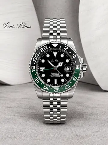 Louis Hilano Mens Stainless Steel Automatic Watch with Black-Green Bezel