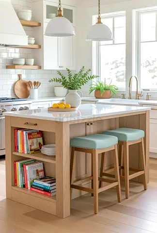 Solid Oak Kitchen Island with Built-in Shelves and Seating