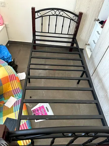 Single Metal Bed Frame with Wooden Accents — Good Condition