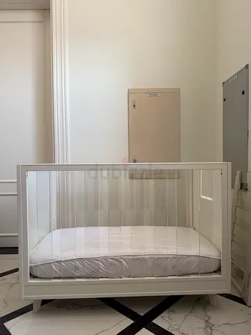 Crate  Barrel White Wooden Baby Crib with Mattress - Good Condition