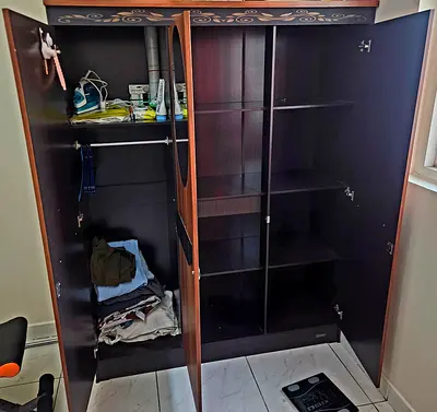 Used 3-Door Wooden Wardrobe with Shelves and Hanging Rail