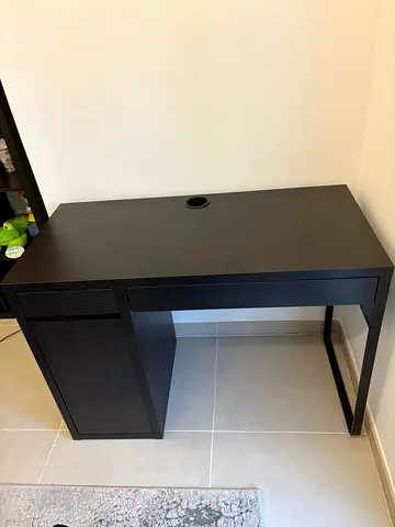 Compact dark wood computer desk with storage cabinet