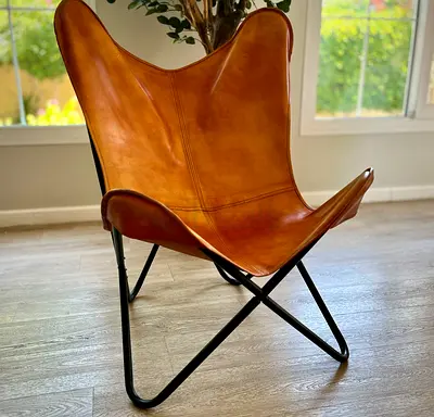 Genuine Leather Butterfly Chair | Tan Cognac | Mid 19th Century Style