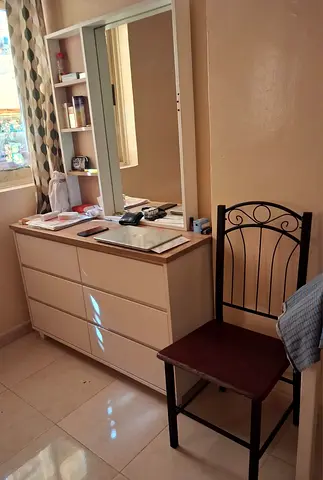 White 6-Drawer Dressing Table with Mirror and Shelves and a Chair - Good Condition