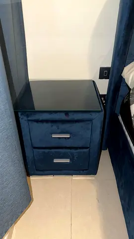 King size bed with Blue Velvet Bedside Table / Nightstand with Two Drawers