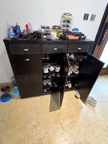 Dark Wood Shoe Cabinet with Drawers and Multiple Shelves