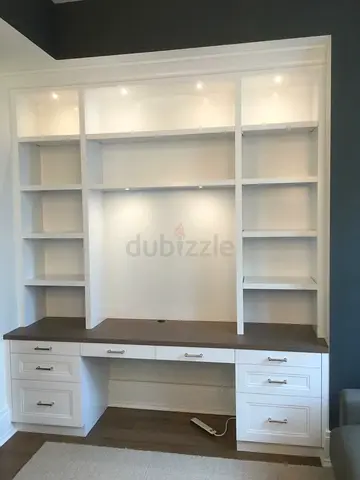 Custom Built-in White Desk with Shelves and Drawers