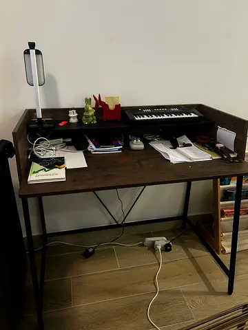 Wooden Desk with Raised Shelf (Dark Brown, Metal Legs)