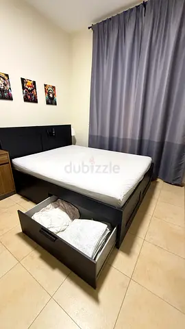 IKEA Queen storage bed with headboard and under-bed drawers - dark wood. Mattress included