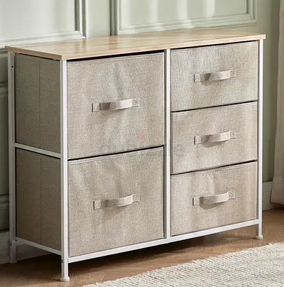 Lightwood Top Fabric Drawer Cabinet - 6 Drawers, White Frame