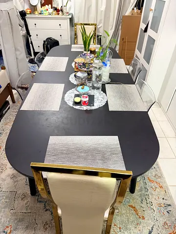 Black Modern Dining Table with Gold-Trim Chairs (6-seater)