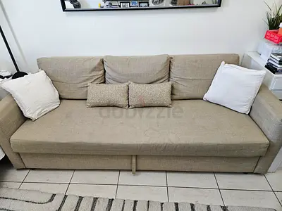IKEA Beige 3-Seater Sofa Bed with Cushions - Good Condition
