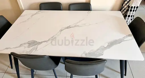 White Marble-Effect Dining Table with 6 Grey Chairs