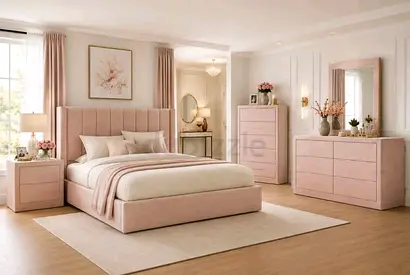 Modern Pink Bedroom Set with Upholstered Bed and Dressers